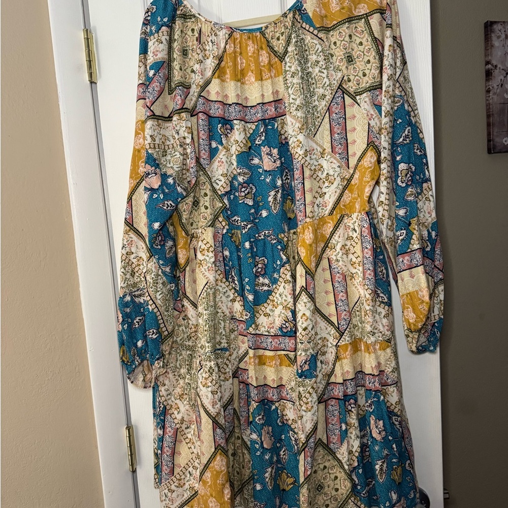 Bohemian Patchwork Dress in Blue and Yellow 1X - Picture 12 of 13